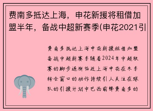 费南多抵达上海，申花新援将租借加盟半年，备战中超新赛季(申花2021引援最新进展)