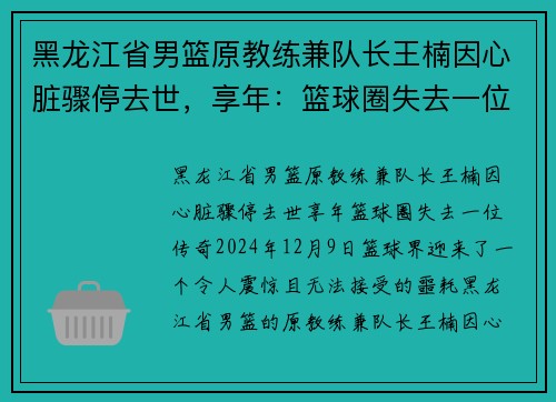 黑龙江省男篮原教练兼队长王楠因心脏骤停去世，享年：篮球圈失去一位传奇