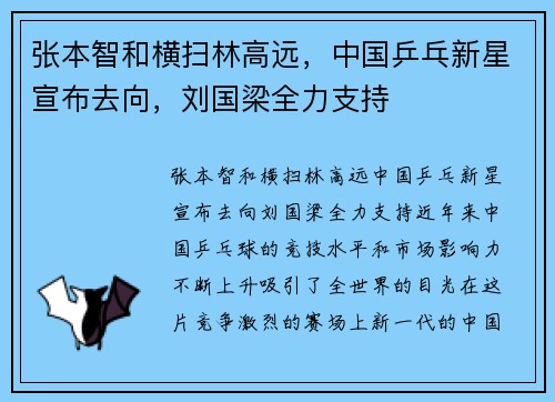 张本智和横扫林高远，中国乒乓新星宣布去向，刘国梁全力支持