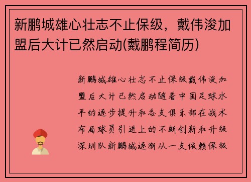 新鹏城雄心壮志不止保级，戴伟浚加盟后大计已然启动(戴鹏程简历)