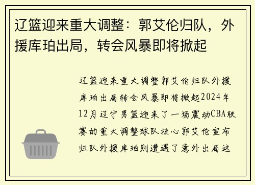 辽篮迎来重大调整：郭艾伦归队，外援库珀出局，转会风暴即将掀起