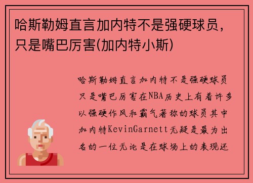 哈斯勒姆直言加内特不是强硬球员，只是嘴巴厉害(加内特小斯)