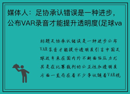 媒体人：足协承认错误是一种进步，公布VAR录音才能提升透明度(足球var回放是什么)